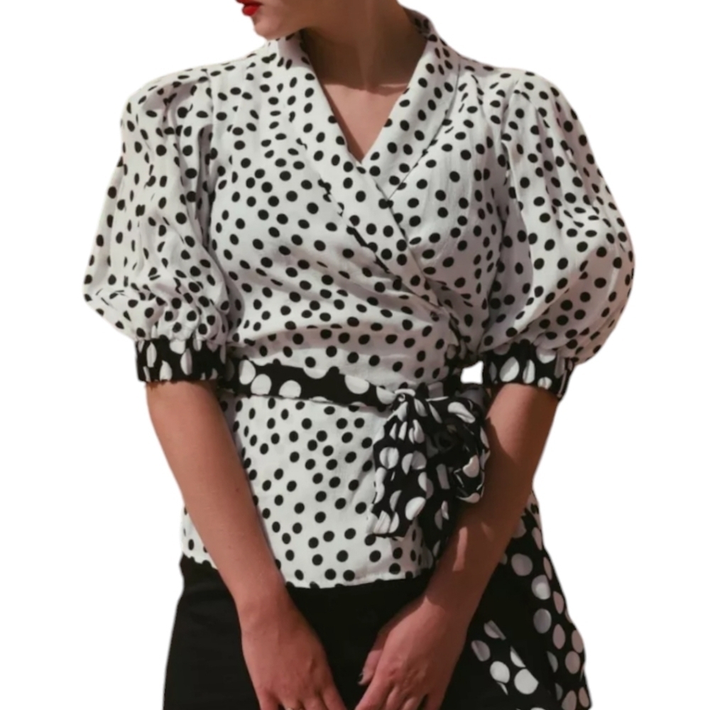 Zara TRF Viral Polka Dot Wrap Blouse with 3/4 Puff Sleeves - Picture 2 of 16